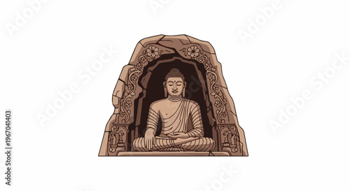 Stone carving of meditating Buddha in a floral rock niche