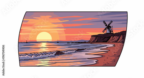 Sunset over ocean with waves, beach, cliffs and windmill