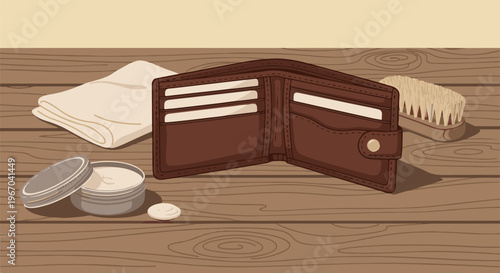 Brown leather wallet and shoe care items on wooden surface