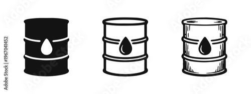 Oil barrel icon set with liquid drop, symbolizing crude oil storage, petroleum products, and energy resources.
