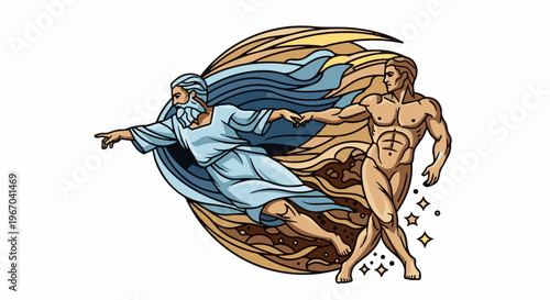 Stylized depiction of divine creation, a flowing, dynamic image