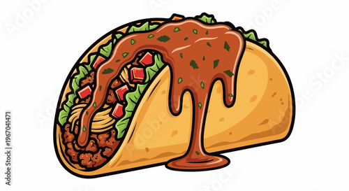 A colorful cartoon taco overflowing with meat, lettuce, tomatoes, and sauce