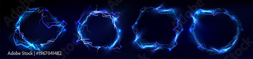 Electric energy frame with glowing blue lightning bolts and neon thunder effect, realistic vector illustrations isolated on black background. Powerful border design of spark discharges