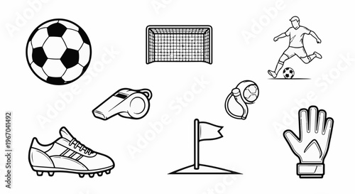 A collection of illustrated soccer equipment including a ball, goal, player, shoe, whistle, flag and glove