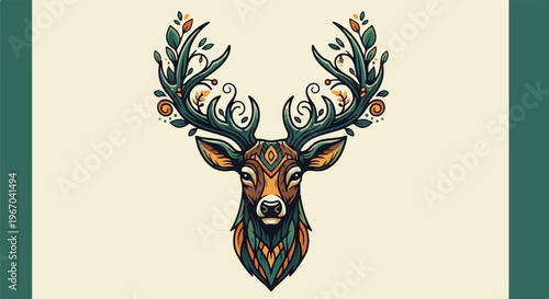 Stylized deer head with ornate, leafy antlers, earthy tones