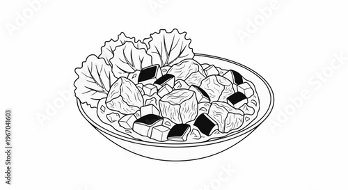 Stylized outline drawing of a bowl filled with cubed ingredients and lettuce