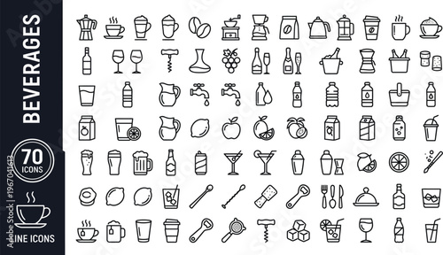 A collection of line icons depicting various beverages and drinkware on a clean white background Ai, eps, jpg, transparent background, eps