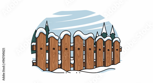 A charming cartoon wooden fence covered in snow with evergreens behind