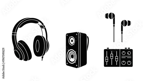 audio equipment and accessories illustration showing headphones bluetooth speaker and earphones