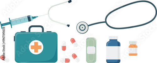 Flat vector healthcare illustration with first aid kit, syringe, stethoscope, pills, bandage and medicine bottles isolated background