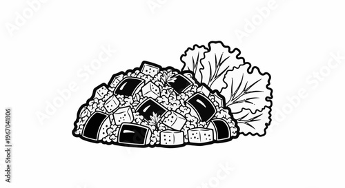 A black and white illustration of a pile of diced food with lettuce leaves