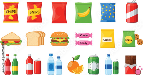 Snack food and drink icons collection, chips, candy, soda cans, burger, bread, packaged junk food vector illustration isolated flat set