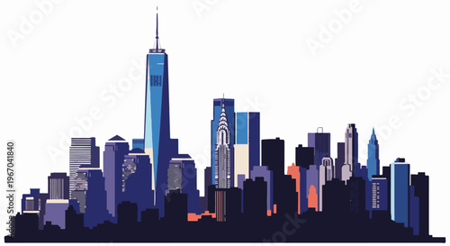 Stylized urban skyline with iconic tall buildings against white background