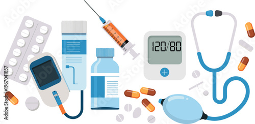 Flat vector healthcare illustration with medical equipment, pills, syringe, stethoscope, blood pressure monitor and diagnostic tools isolated background