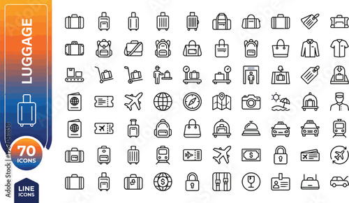 A collection of various travel related line icons and luggage symbols on a white background Ai, eps, jpg, transparent background, eps