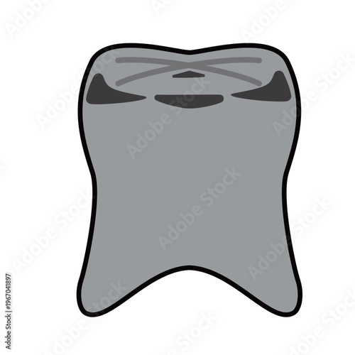 Cute cartoon molar tooth with silver crown and cavity, dental illustration