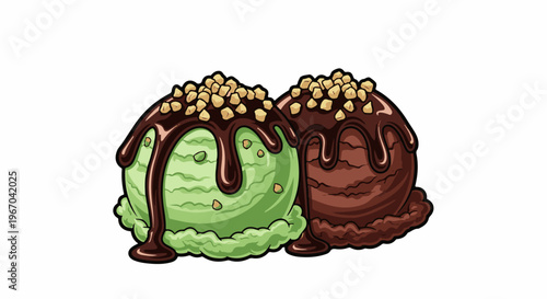 Two scoops of ice cream, one mint, one chocolate, with fudge and nuts