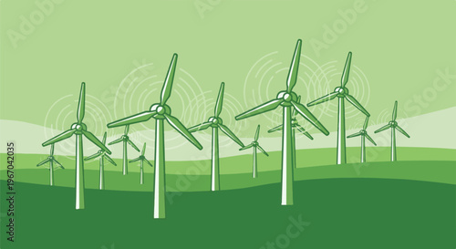 A stylized green landscape filled with wind turbines generates clean energy