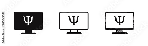 Online Psychology Monitor Icons. Digital Mental Health Telehealth Service Symbol Set.