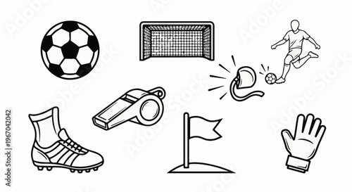 A collection of stylized black and white line art icons depicting football/soccer equipment and action