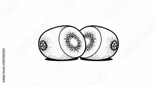 Two sliced kiwis with fuzzy outer skin and seeded centers
