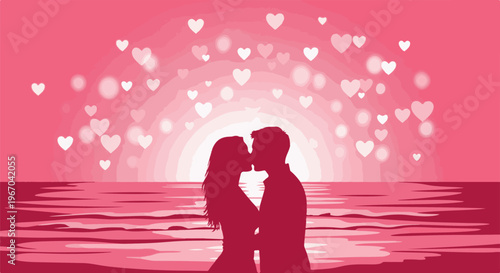 A couple kisses at sunset over a serene ocean, hearts floating in the sky