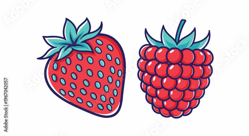 Vibrant cartoon strawberry and raspberry illustration with leafy green tops