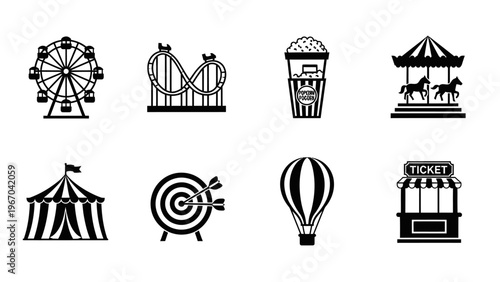 Collection of amusement park and carnival icons including ferris wheel roller coaster popcorn hot