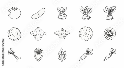 A collection of hand-drawn vegetable icons, including root vegetables, gourds, and leafy greens