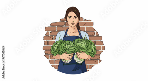 Woman in apron holds fresh green cabbages in front of brick wall