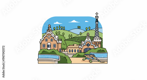 Whimsical park scene with colorful buildings and a lizard