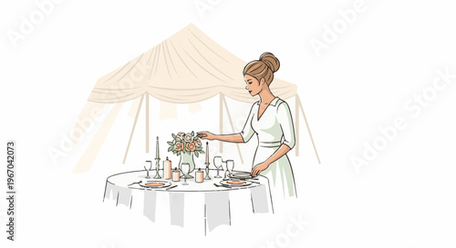 Woman arranging flowers at a beautifully set table under a tent