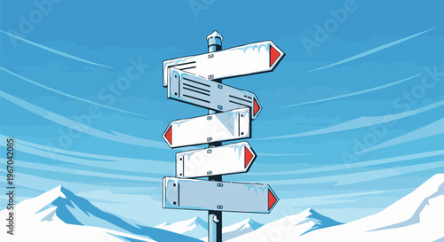 A snowy mountain landscape with a directional signpost under a bright blue sky