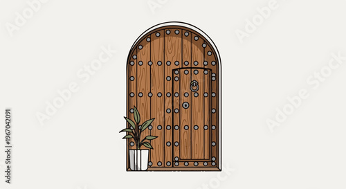 Wooden arched doorway with a small inset door and a potted plant