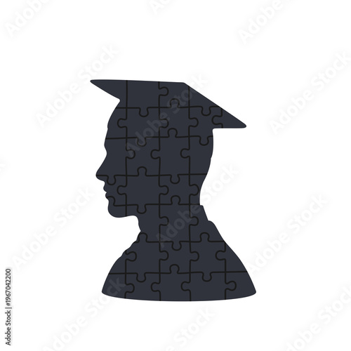 Black complete puzzle head profile of a male student with graduation cap and brain connection
