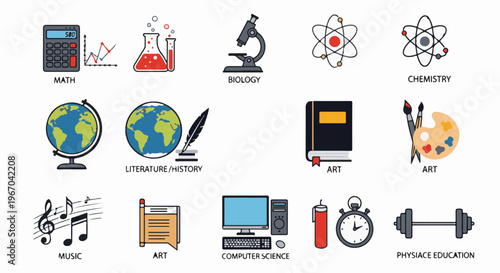 A collection of educational and subject icons, including science and arts