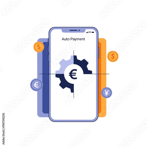 Mobile phone displays auto payment system with gear and currency symbols around it