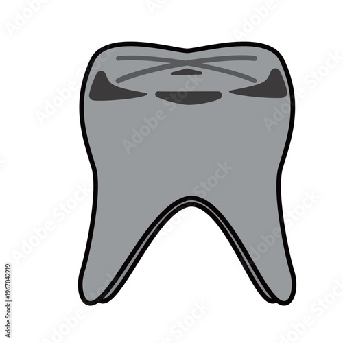 Cute cartoon molar tooth with silver crown and cavity, dental illustration