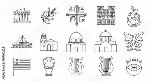 A collection of 15 iconic Greek cultural symbols in outline style