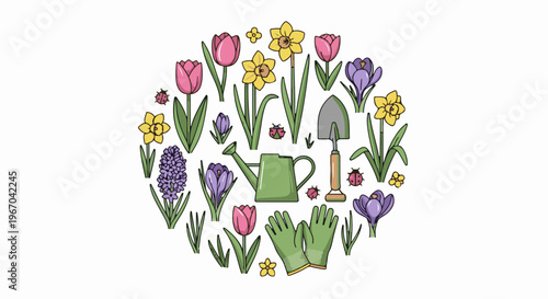 A circular arrangement of spring gardening tools and colorful blooming flowers