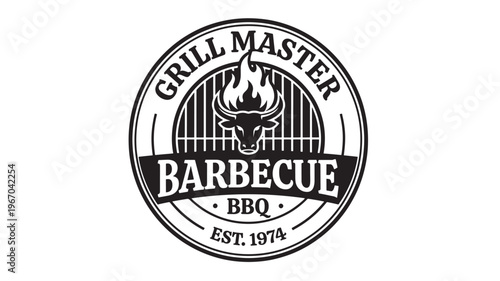 Barbecue grill master logo with a bull head and flames over a grilling grate featuring bbq, emblem, sign with cow and fire elements for meat, cooking
