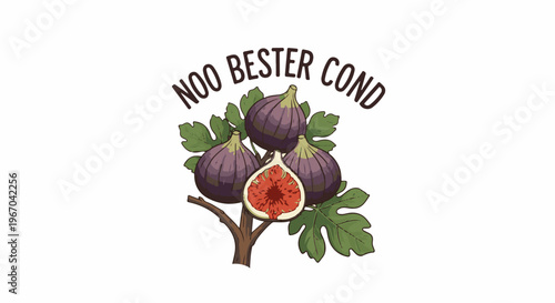 A bunch of ripe figs on a branch with leaves, text above