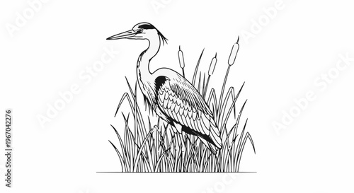 A black and white drawing of a heron standing in tall grass and cattails
