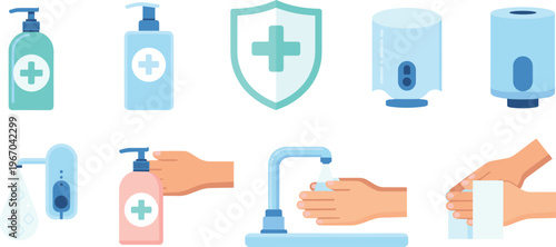 Flat vector hygiene illustration with handwashing steps, sanitizer bottles, soap dispenser, tissue, protection shield and cleanliness icons isolated background
