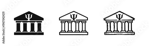 Psychology Institute Building Icons with Psi Symbol and Classical Columns