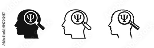 Mental Health Research and Analysis Icons with Psi Symbol and Magnifying Glass