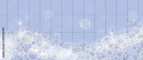 Bathroom tile wall with steam and foam bubbles floating in air, realistic vector background. Fresh clean interior backdrop for soap or shampoo product displays with sparkling water drops