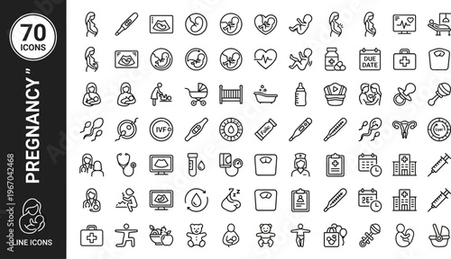 A collection of line icons related to pregnancy and healthcare on a white background Ai, eps, jpg, transparent background, eps