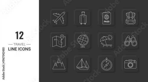 Travel line icons set. Vector illustration of vacation and tourism symbols: airplane, suitcase, passport, map, globe, beach, mountains, sailboat and camera. Flat linear design for web and app on a