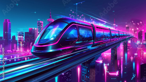 Futuristic train travel high speed vehicle on neon illuminated tracks